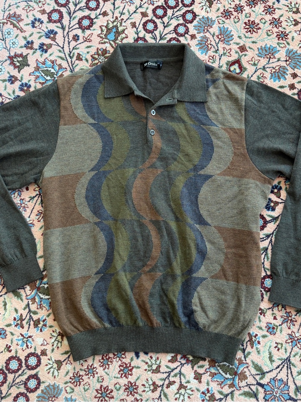 St Croix Vintage Abstract Wool Polo Sweater